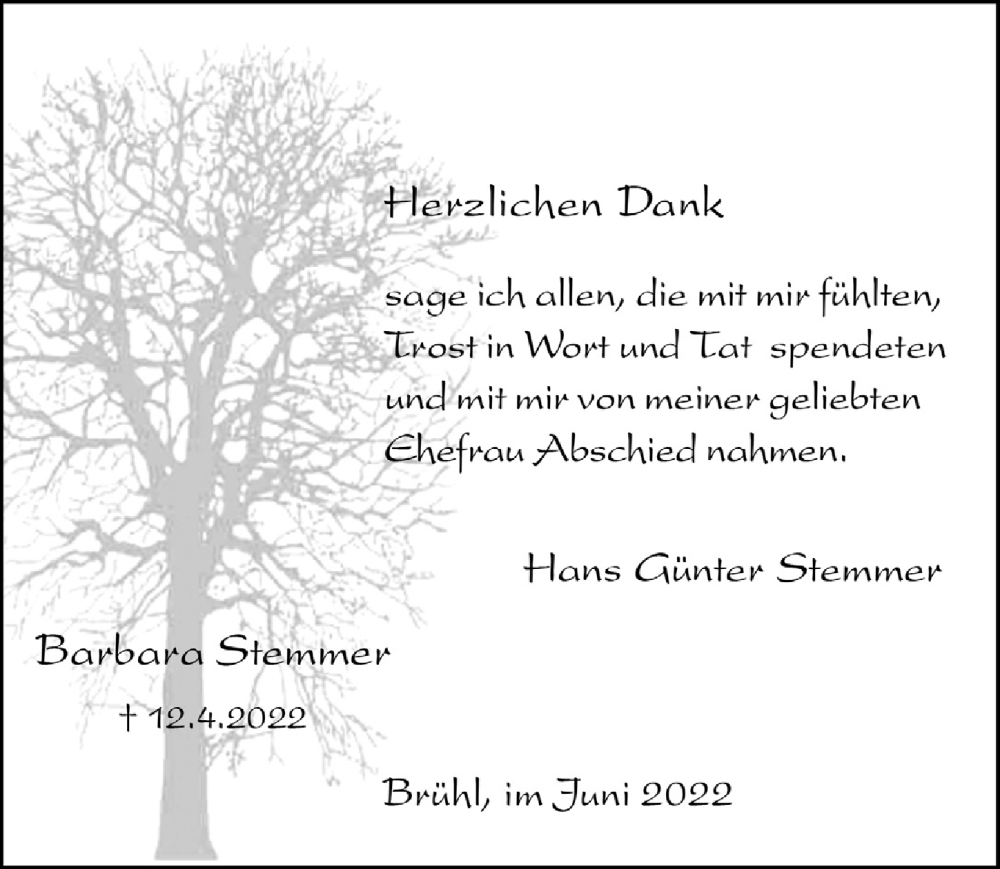  Traueranzeige für Barbara Stemmer vom 24.06.2022 aus  Schlossbote/Werbekurier 
