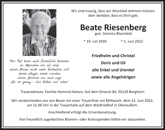 Anzeige von Beate Riesenberg von  Werbepost 