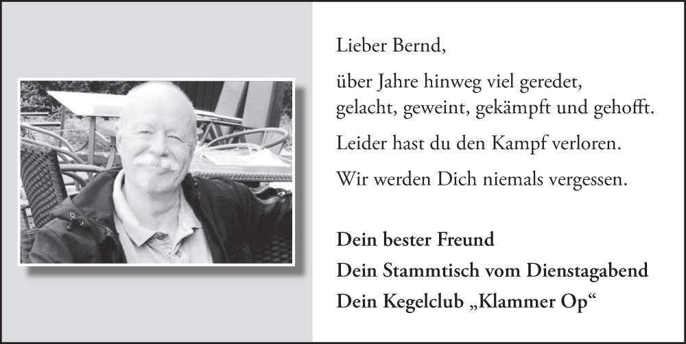  Traueranzeige für Bernd  vom 24.06.2022 aus  Lokalanzeiger 