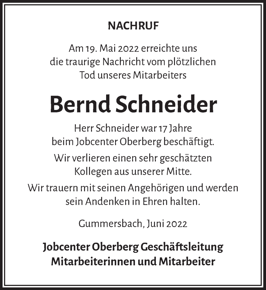  Traueranzeige für Bernd Schneider vom 10.06.2022 aus  Anzeigen Echo  Lokalanzeiger 