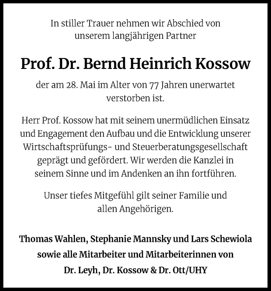 Anzeige von Bernd Heinrich Kossow von Kölner Stadt-Anzeiger / Kölnische Rundschau / Express