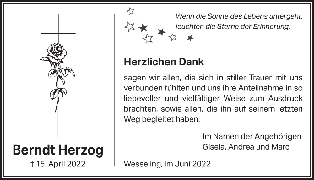  Traueranzeige für Berndt Herzog vom 17.06.2022 aus  Schlossbote/Werbekurier 