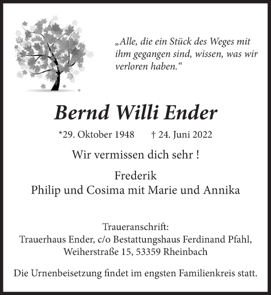 Anzeige von Bernd Willi Ender von  Schaufenster/Blickpunkt 