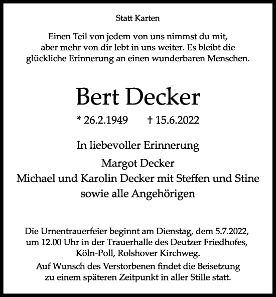 Anzeige von Bert Decker von Kölner Stadt-Anzeiger / Kölnische Rundschau / Express