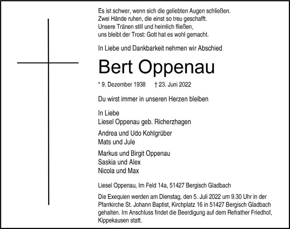  Traueranzeige für Bert Oppenau vom 01.07.2022 aus  Bergisches Handelsblatt 