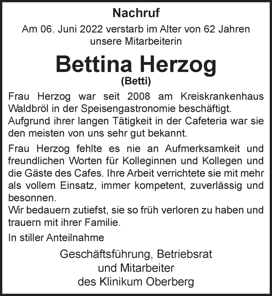  Traueranzeige für Bettina Herzog vom 24.06.2022 aus  Extra Blatt  Lokalanzeiger 