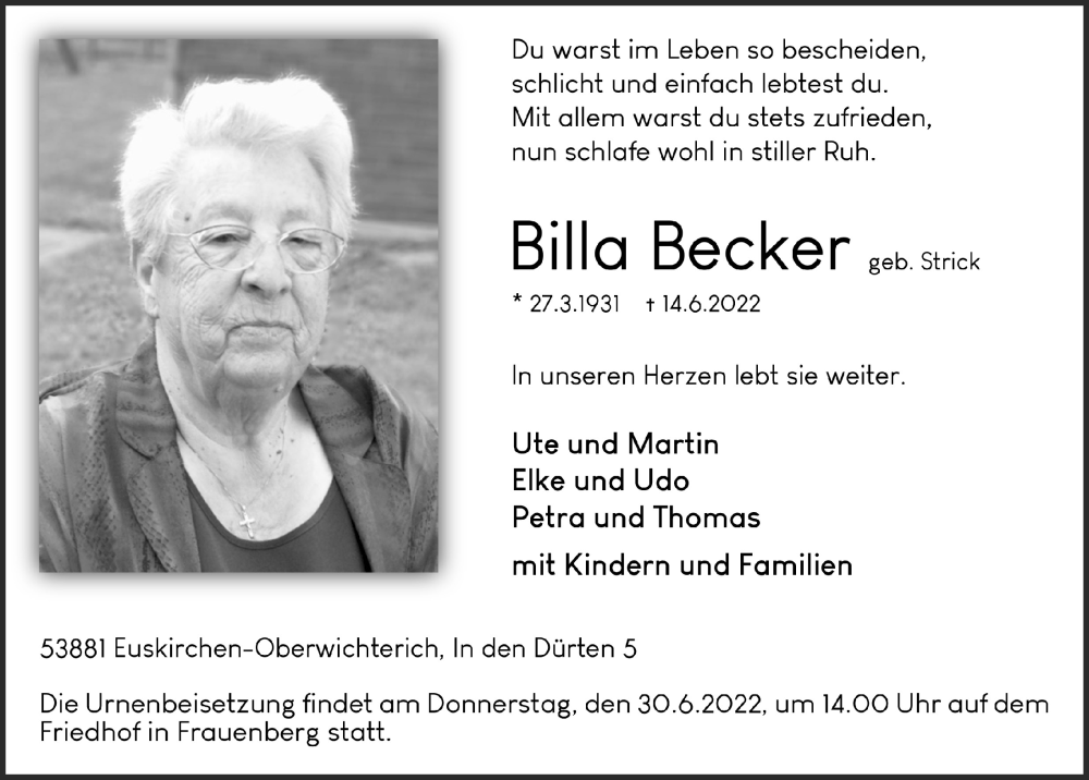  Traueranzeige für Billa Becker vom 25.06.2022 aus  Blickpunkt Euskirchen 