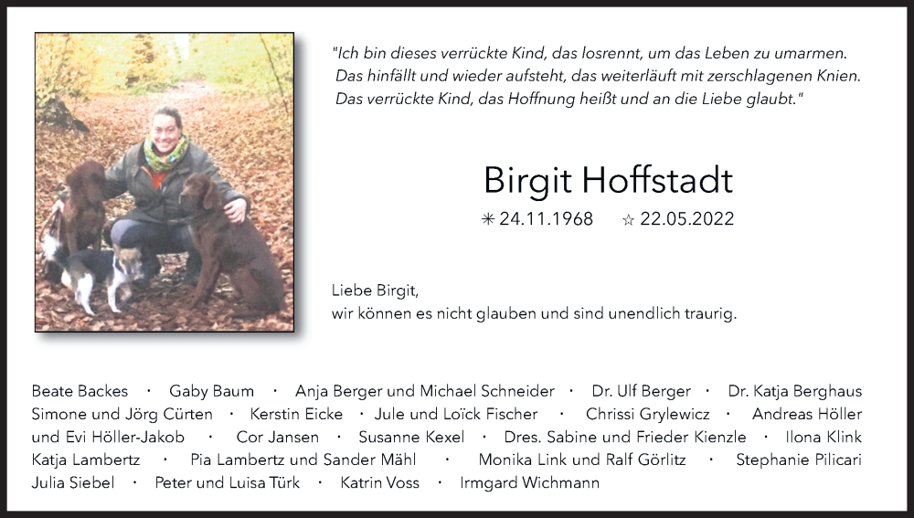  Traueranzeige für Birgit Hoffstadt vom 11.06.2022 aus Kölner Stadt-Anzeiger / Kölnische Rundschau / Express