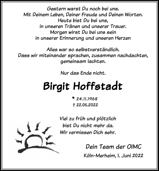 Anzeige von Birgit Hoffstadt von Kölner Stadt-Anzeiger / Kölnische Rundschau / Express