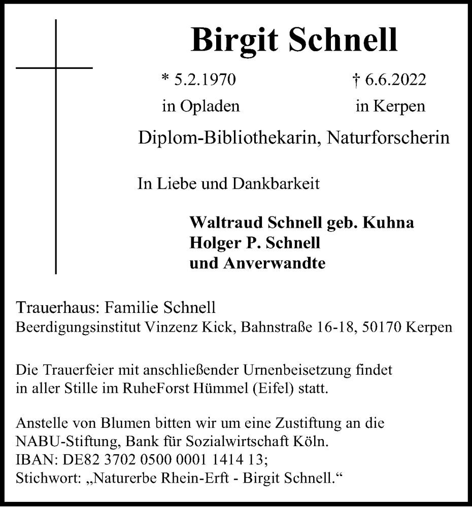  Traueranzeige für Birgit Schnell vom 25.06.2022 aus Kölner Stadt-Anzeiger / Kölnische Rundschau / Express