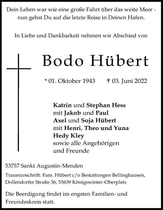 Anzeige von Bodo Hübert von Kölner Stadt-Anzeiger / Kölnische Rundschau / Express
