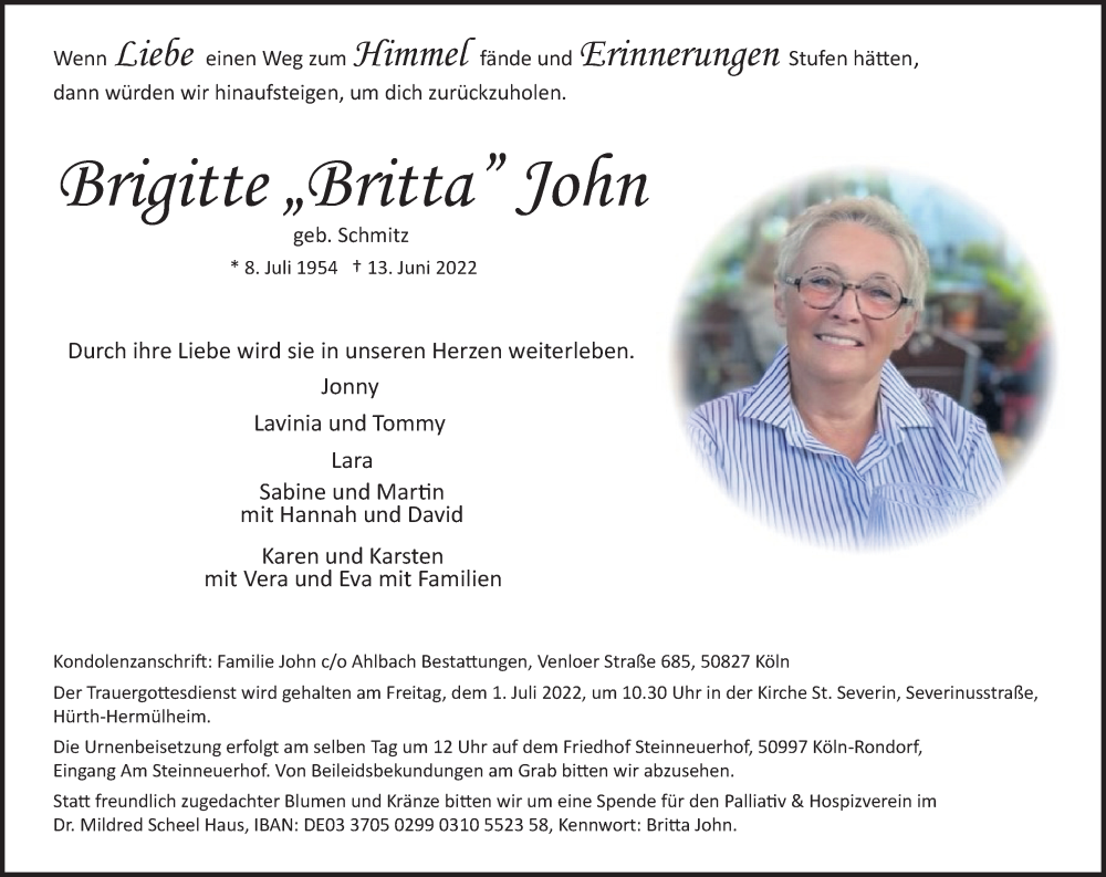  Traueranzeige für Brigitte John vom 25.06.2022 aus Kölner Stadt-Anzeiger / Kölnische Rundschau / Express