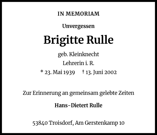 Anzeige von Brigitte Rulle von Kölner Stadt-Anzeiger / Kölnische Rundschau / Express