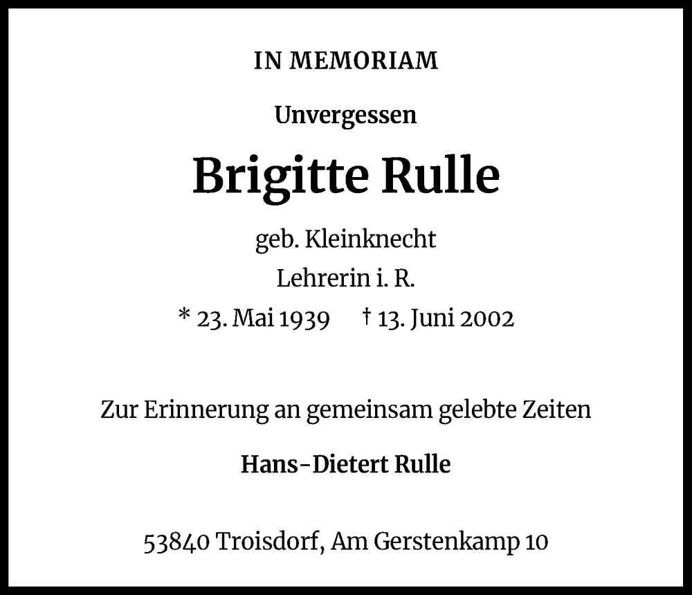  Traueranzeige für Brigitte Rulle vom 13.06.2022 aus Kölner Stadt-Anzeiger / Kölnische Rundschau / Express