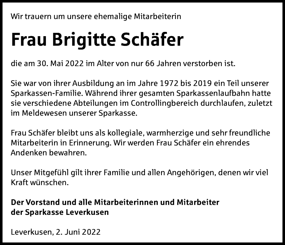  Traueranzeige für Brigitte Schäfer vom 02.06.2022 aus Kölner Stadt-Anzeiger / Kölnische Rundschau / Express