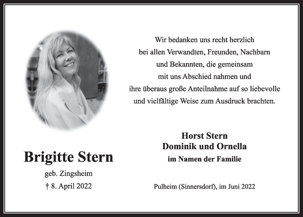  Traueranzeige für Brigitte Stern vom 17.06.2022 aus  Wochenende 