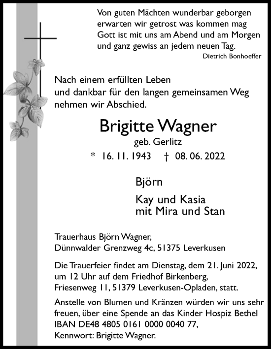 Anzeige von Brigitte Wagner von Kölner Stadt-Anzeiger / Kölnische Rundschau / Express