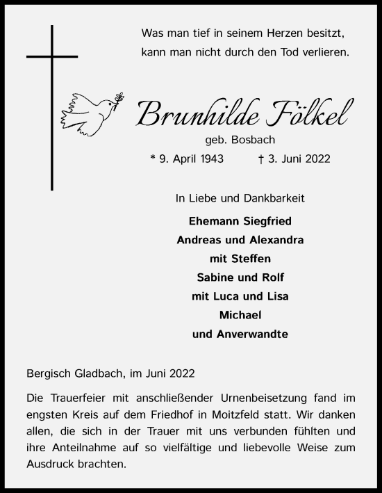 Anzeige von Brunhilde Fölkel von Kölner Stadt-Anzeiger / Kölnische Rundschau / Express