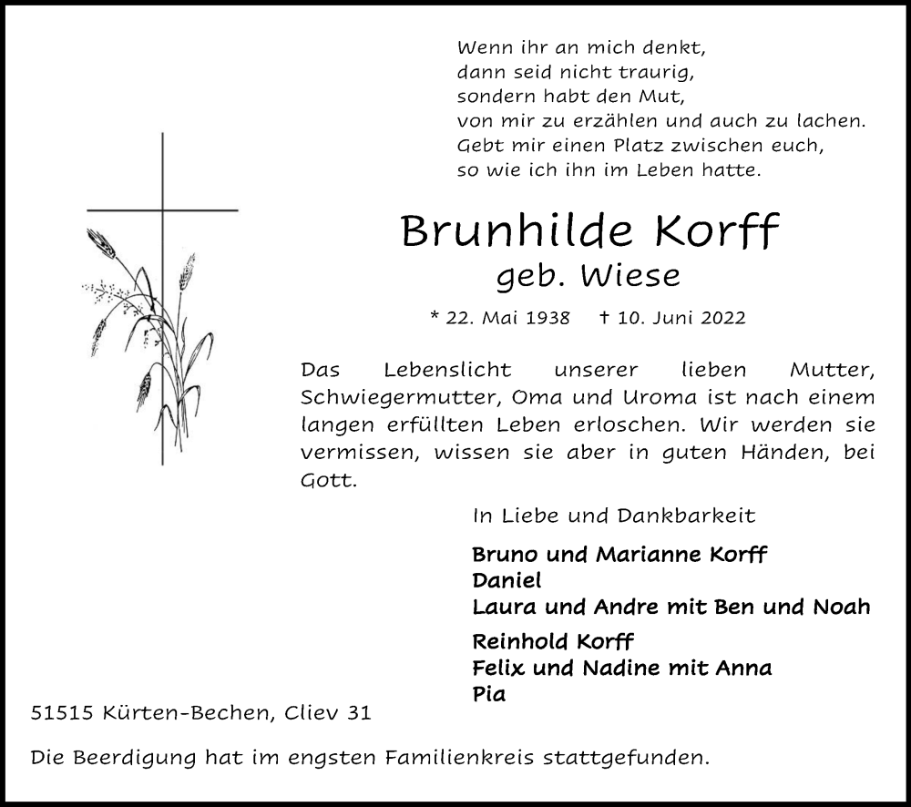  Traueranzeige für Brunhilde Korff vom 18.06.2022 aus Kölner Stadt-Anzeiger / Kölnische Rundschau / Express