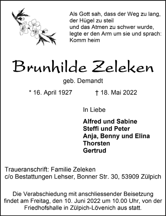 Anzeige von Brunhilde Zeleken von  Blickpunkt Euskirchen 