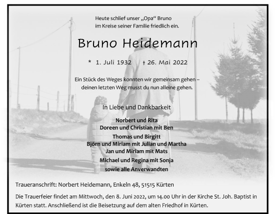 Anzeige von Bruno Heidemann von Kölner Stadt-Anzeiger / Kölnische Rundschau / Express