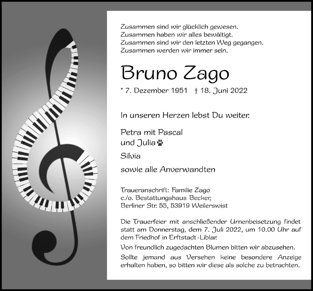  Traueranzeige für Bruno Zago vom 25.06.2022 aus  Blickpunkt Euskirchen 