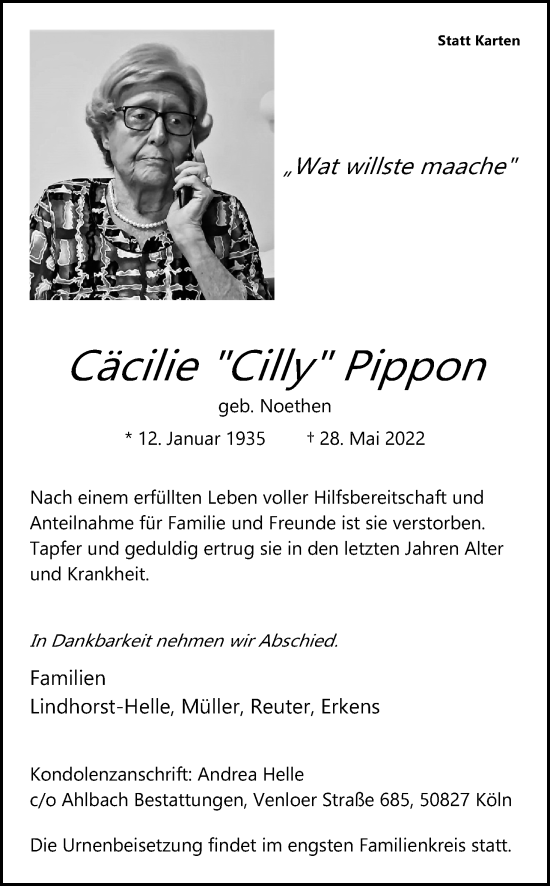 Anzeige von Cäcilie Pippon von Kölner Stadt-Anzeiger / Kölnische Rundschau / Express
