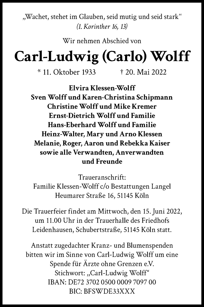  Traueranzeige für Carl-Ludwig Wolff vom 04.06.2022 aus Kölner Stadt-Anzeiger / Kölnische Rundschau / Express