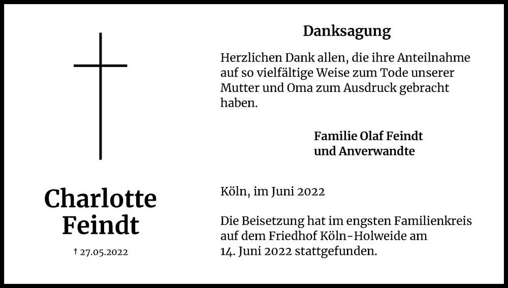  Traueranzeige für Charlotte Feindt vom 25.06.2022 aus Kölner Stadt-Anzeiger / Kölnische Rundschau / Express