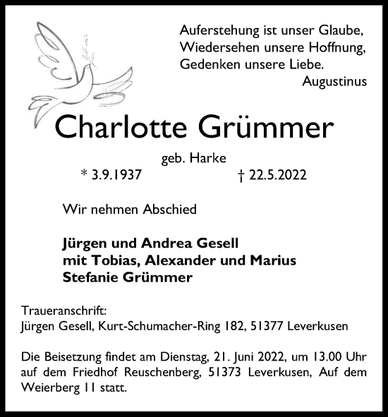 Anzeige von Charlotte Grümmer von Kölner Stadt-Anzeiger / Kölnische Rundschau / Express