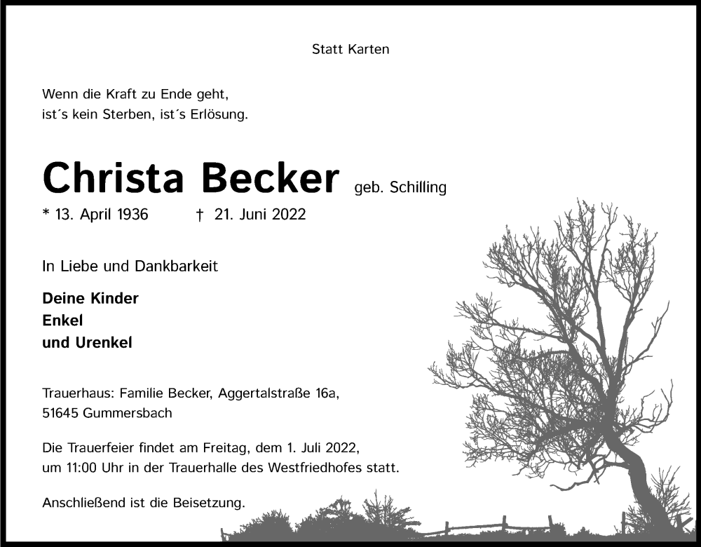  Traueranzeige für Christa Becker vom 25.06.2022 aus Kölner Stadt-Anzeiger / Kölnische Rundschau / Express