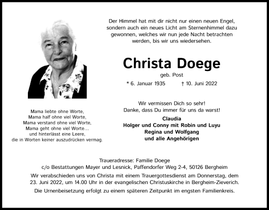 Anzeige von Christa Doege von Kölner Stadt-Anzeiger / Kölnische Rundschau / Express