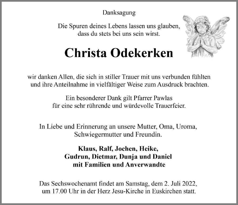  Traueranzeige für Christa Odekerken vom 25.06.2022 aus  Blickpunkt Euskirchen 