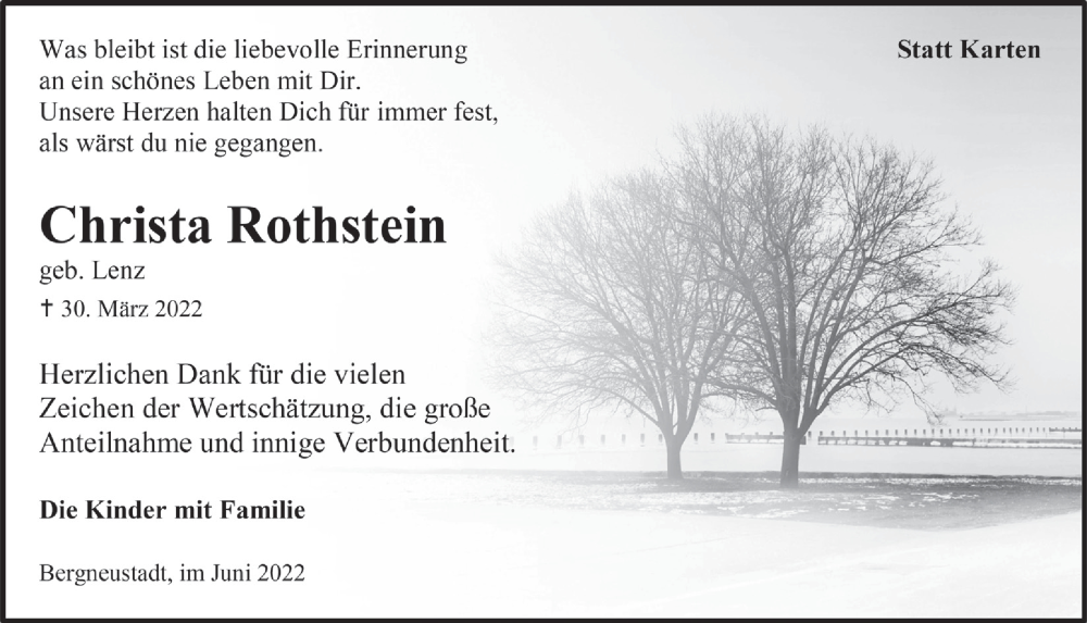  Traueranzeige für Christa Rothstein vom 03.06.2022 aus  Anzeigen Echo 
