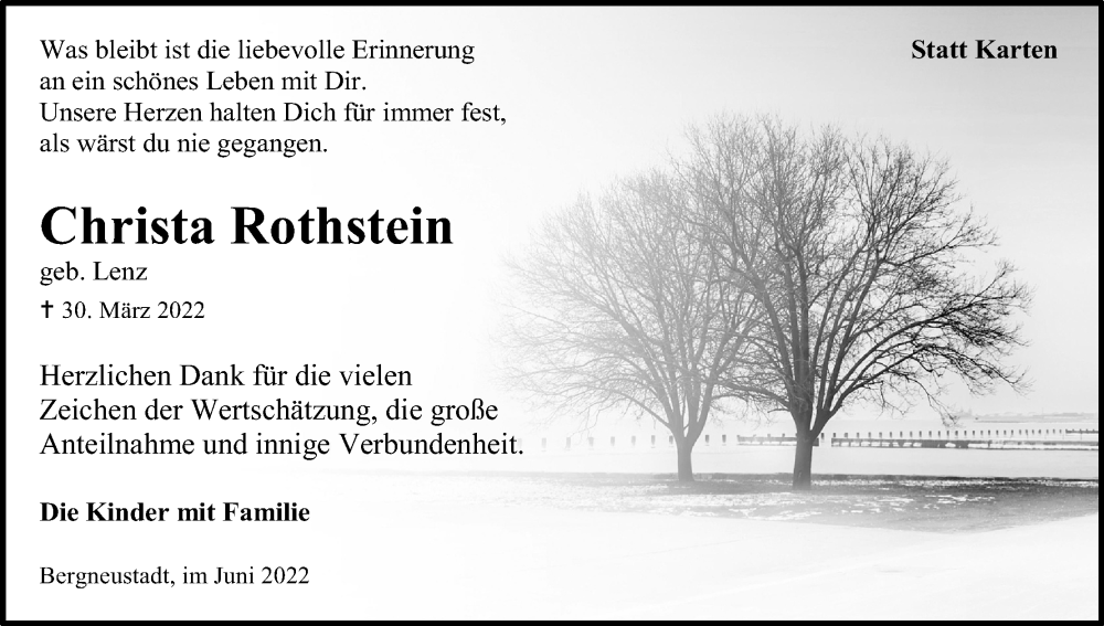  Traueranzeige für Christa Rothstein vom 04.06.2022 aus Kölner Stadt-Anzeiger / Kölnische Rundschau / Express