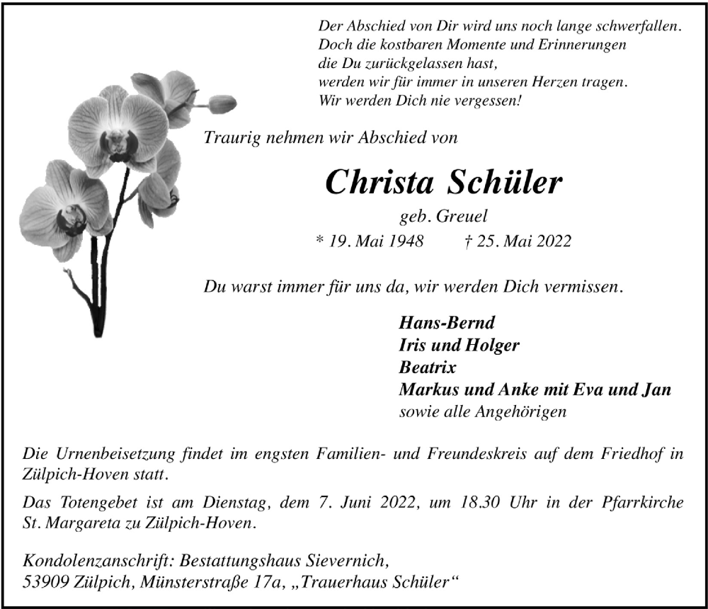  Traueranzeige für Christa Schüler vom 04.06.2022 aus  Blickpunkt Euskirchen 