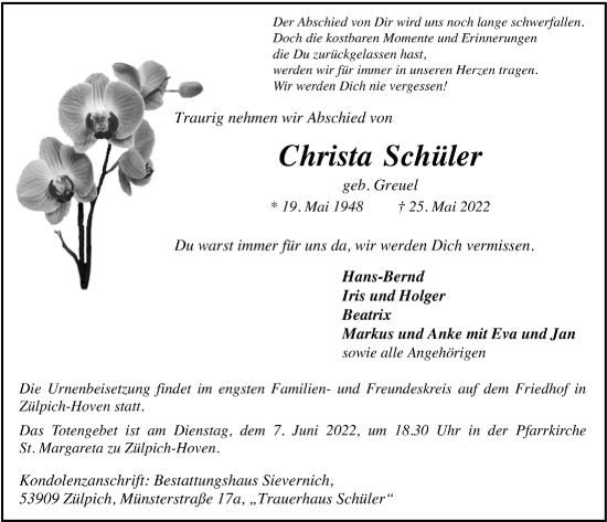 Anzeige von Christa Schüler von  Blickpunkt Euskirchen 