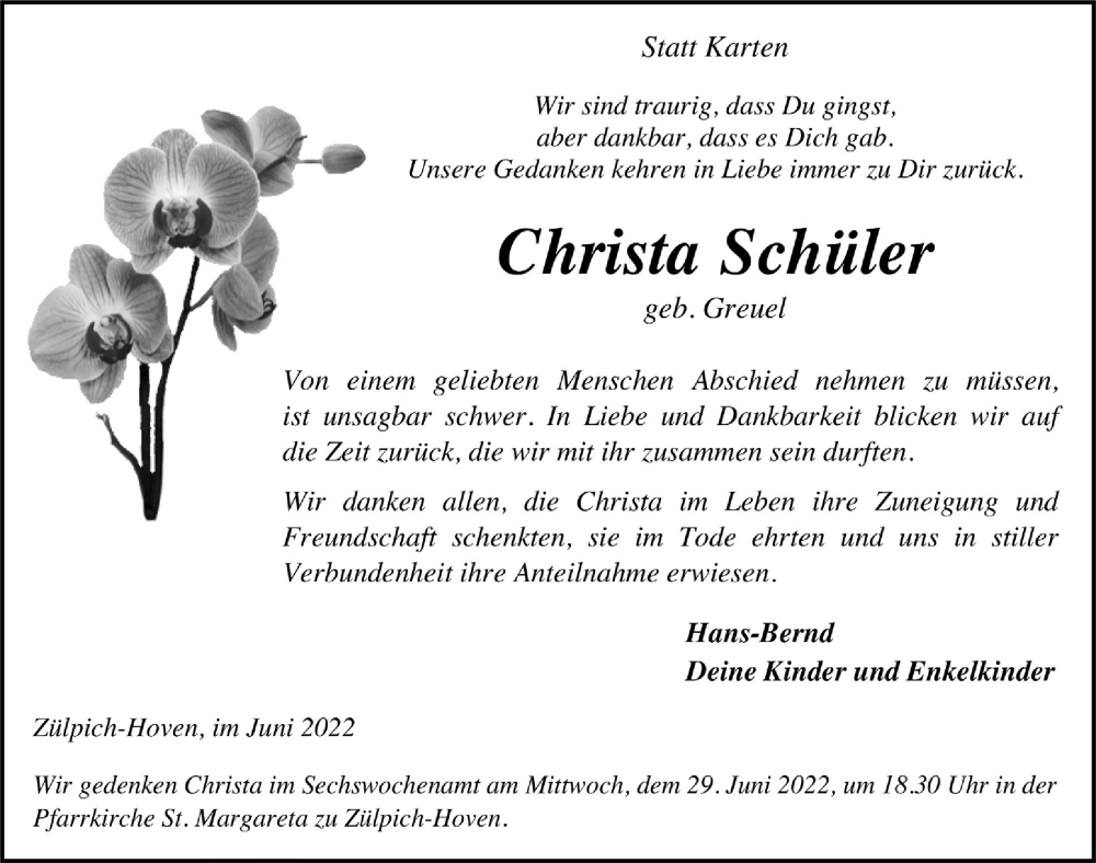  Traueranzeige für Christa Schüler vom 25.06.2022 aus  Blickpunkt Euskirchen 