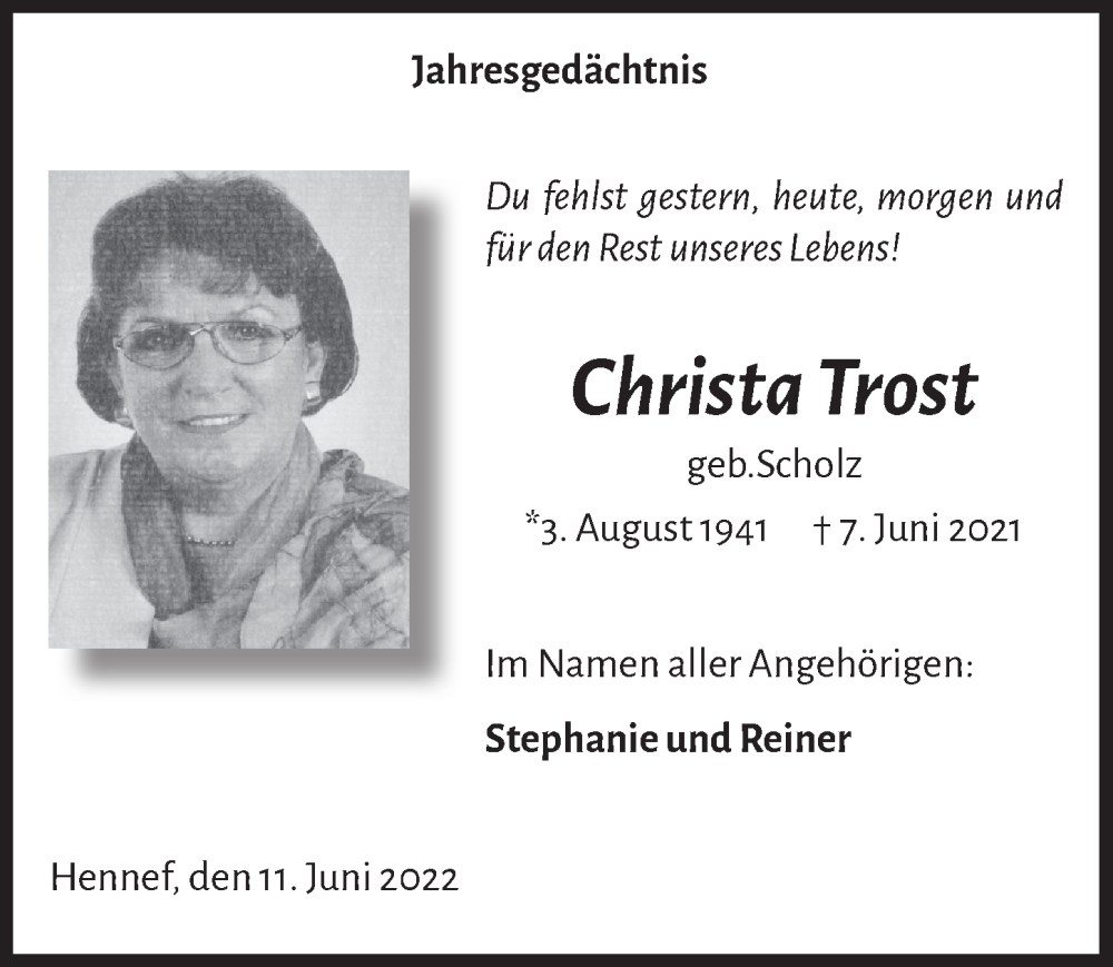  Traueranzeige für Christa Trost vom 10.06.2022 aus  Extra Blatt 