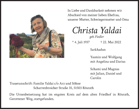 Anzeige von Christa Yaldai von Kölner Stadt-Anzeiger / Kölnische Rundschau / Express
