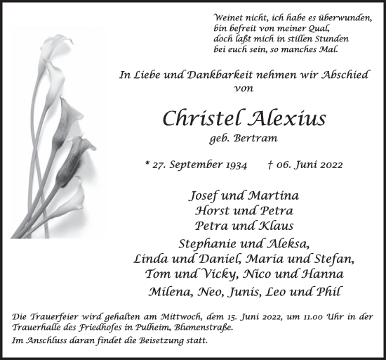 Anzeige von Christel Alexius von  Wochenende 