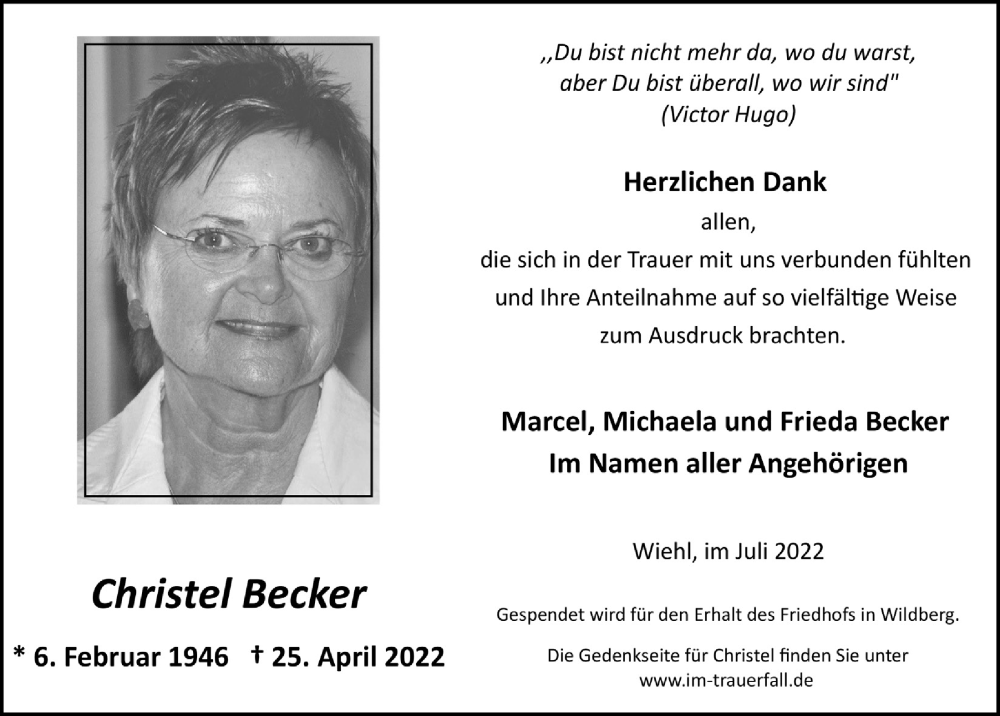  Traueranzeige für Christel Becker vom 01.07.2022 aus  Anzeigen Echo 