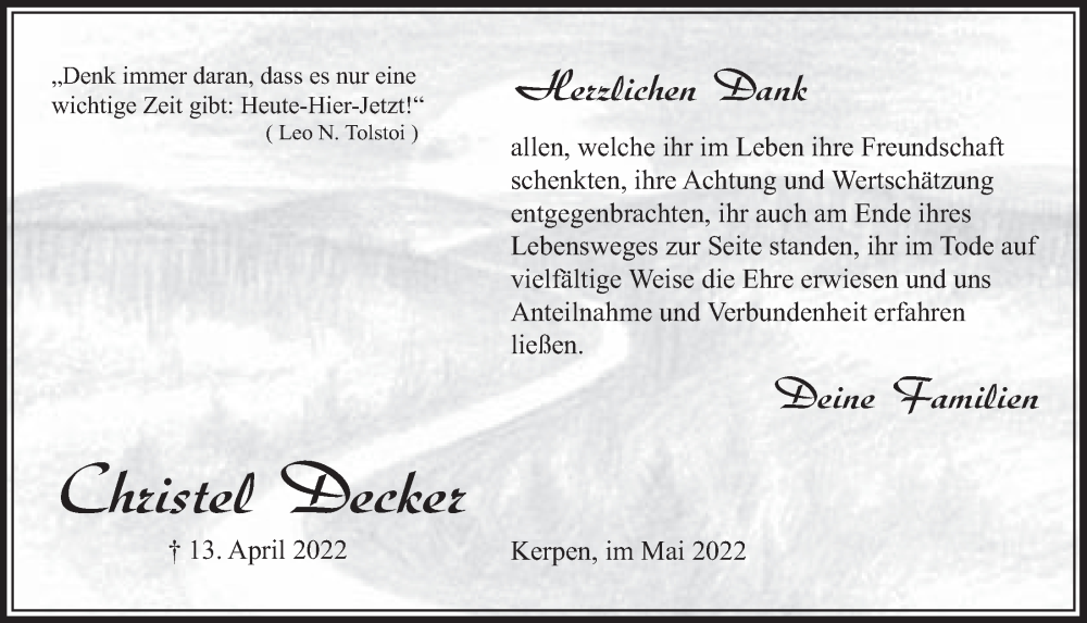  Traueranzeige für Christel Decker vom 03.06.2022 aus  Werbepost 