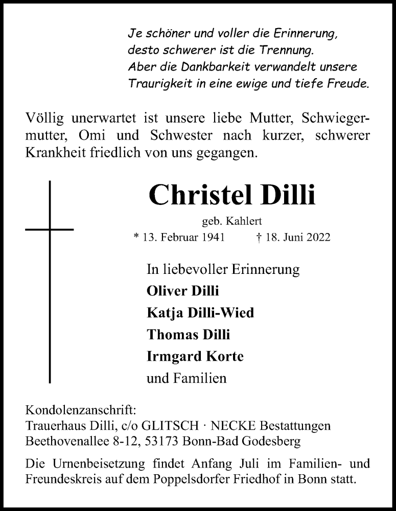  Traueranzeige für Christel Dilli vom 25.06.2022 aus Kölner Stadt-Anzeiger / Kölnische Rundschau / Express