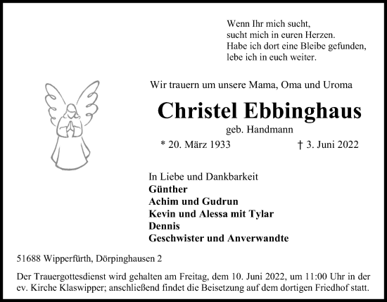 Anzeige von Christel Ebbinghaus von Kölner Stadt-Anzeiger / Kölnische Rundschau / Express