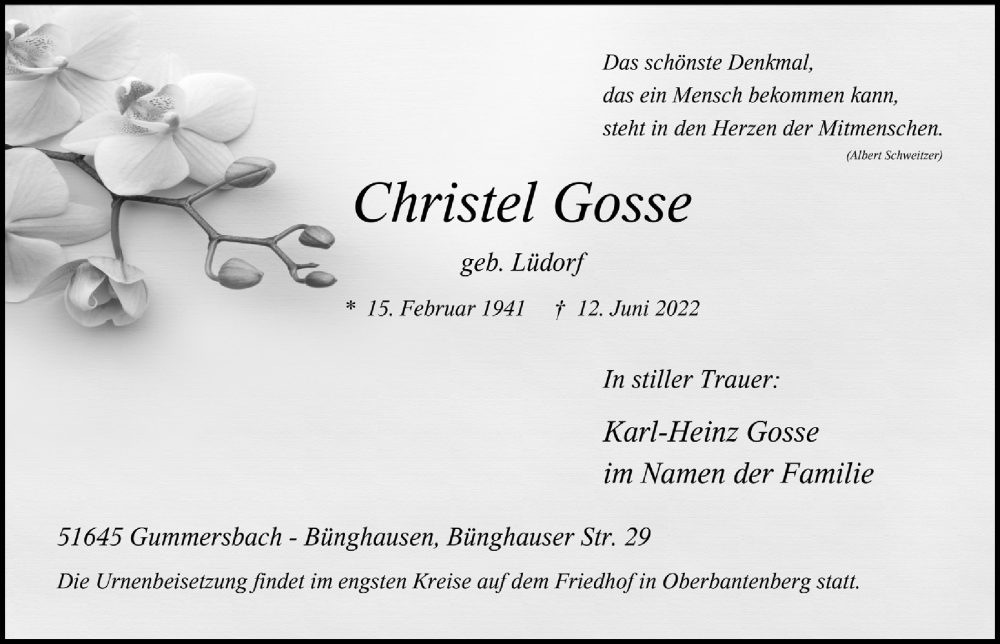  Traueranzeige für Christel Gosse vom 24.06.2022 aus  Anzeigen Echo 