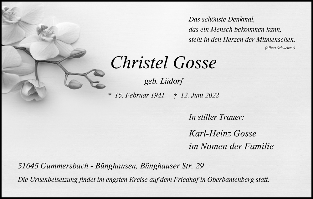  Traueranzeige für Christel Gosse vom 22.06.2022 aus Kölner Stadt-Anzeiger / Kölnische Rundschau / Express