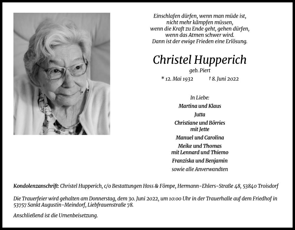  Traueranzeige für Christel Hupperich vom 18.06.2022 aus Kölner Stadt-Anzeiger / Kölnische Rundschau / Express