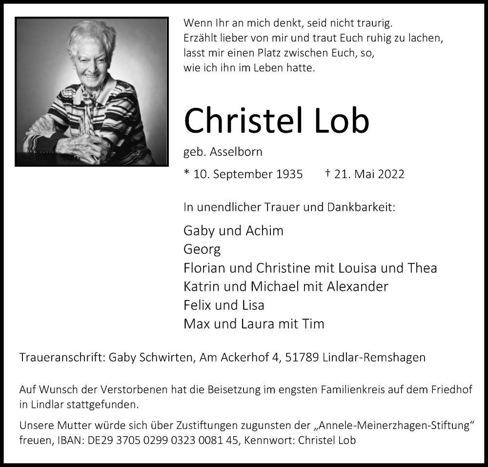  Traueranzeige für Christel Lob vom 11.06.2022 aus Kölner Stadt-Anzeiger / Kölnische Rundschau / Express