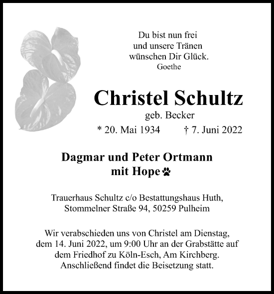 Anzeige von Christel Schultz von Kölner Stadt-Anzeiger / Kölnische Rundschau / Express